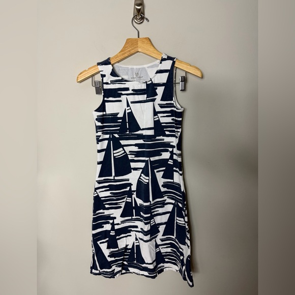 MAHI GOLD Dresses & Skirts - Mahi Gold Sleeveless Sailboat Dress Blue White Nautical Stretch XS 508